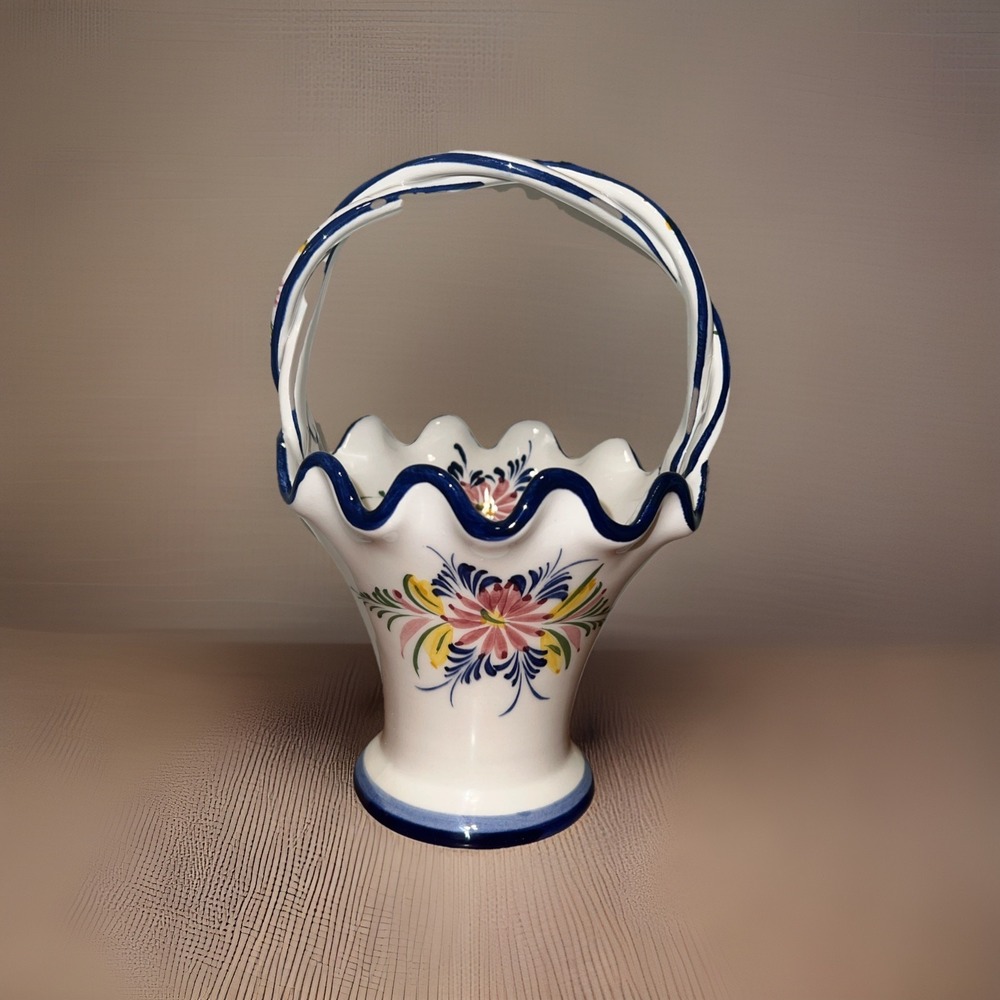 Vintage Porcelain Ceramic Hand Painted Floral‎ Basket Vase Planter ~ PORTUGAL